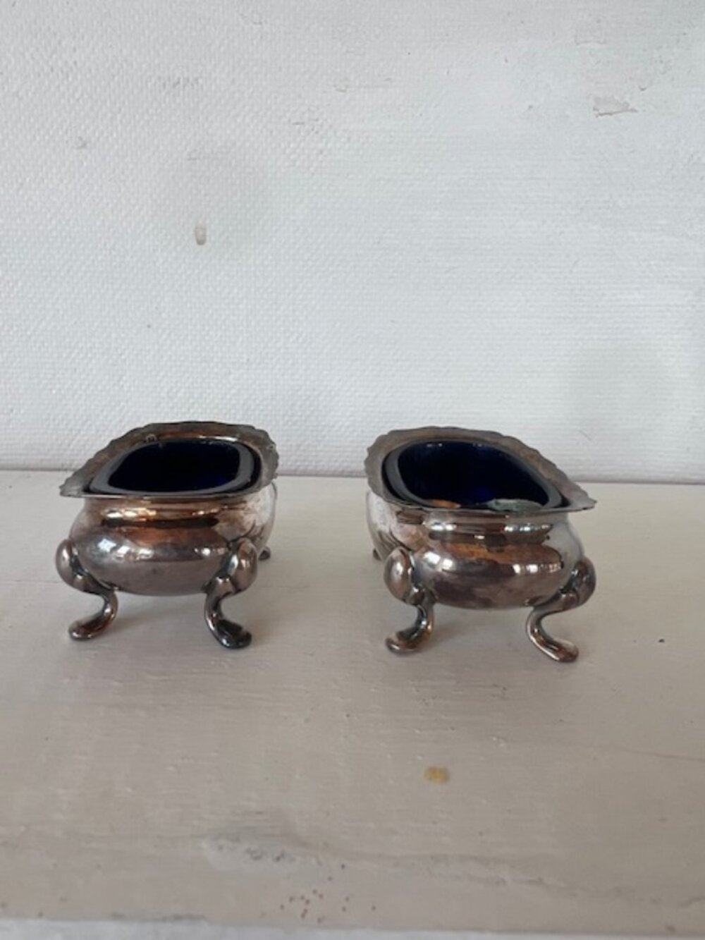 Vintage Regis Plate Silver Plated Condiment Dishes Cobalt Blue Glass Liners Pair